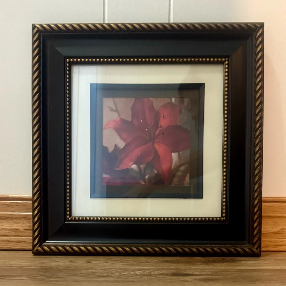 Framed Red Lily Floral Art Print in Decorative Black & Gold Frame - Picture 1 of 8